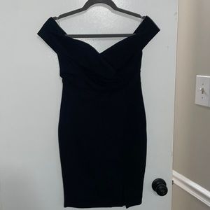 Off should black mini dress. Wedding guest